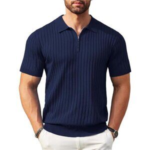 Men's Zipper Polo Shirts Short Sleeve Ribbed Knit Polo T Shirts